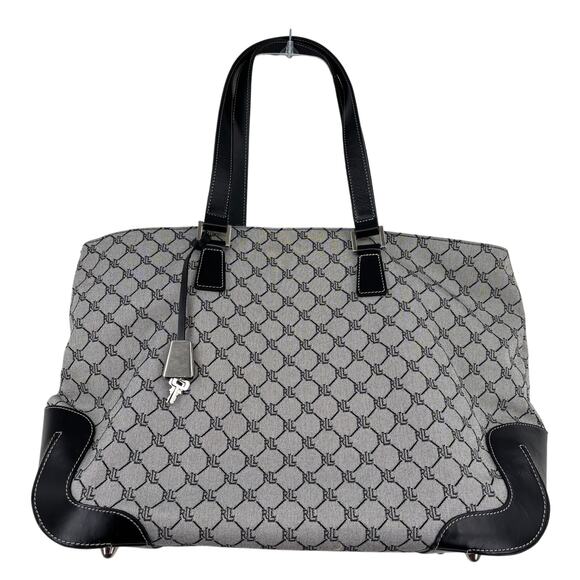 Lauren Ralph Lauren Weekender Tote Bag Black Leather and Canvas Monogram Travel - Picture 1 of 11